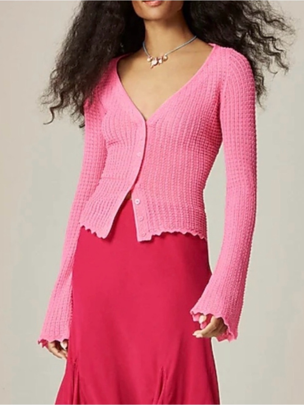 J. Crew Scallop Trip Cardigan in Pink Sherbet Pointelle Knit V-Neck Small